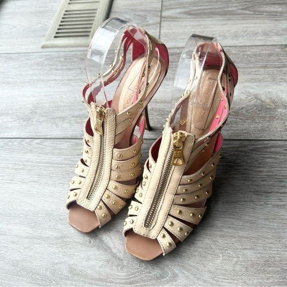 BCBGMaxAzria Ivory Leather Gladiator Studded Full Leather Open Toe  Pumps - Picture 1 of 16